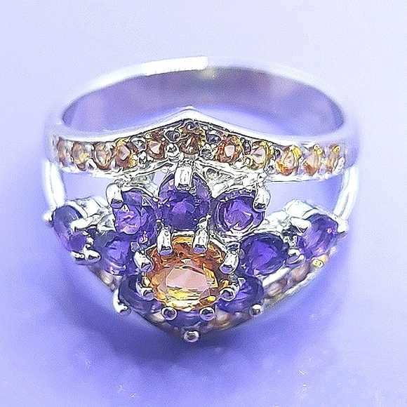 Natural Citrine 5mm, Amethyst, Sapphire 925 Sterling Silver Ring Size 7.5 - Picture 1 of 11